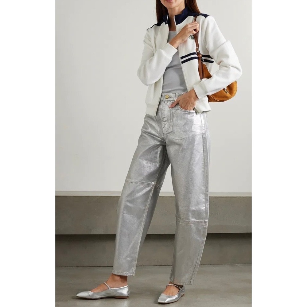 NWT Ganni Foil Denim Stary Jeans 25 Bright White Metallic Barrel Leg Designer